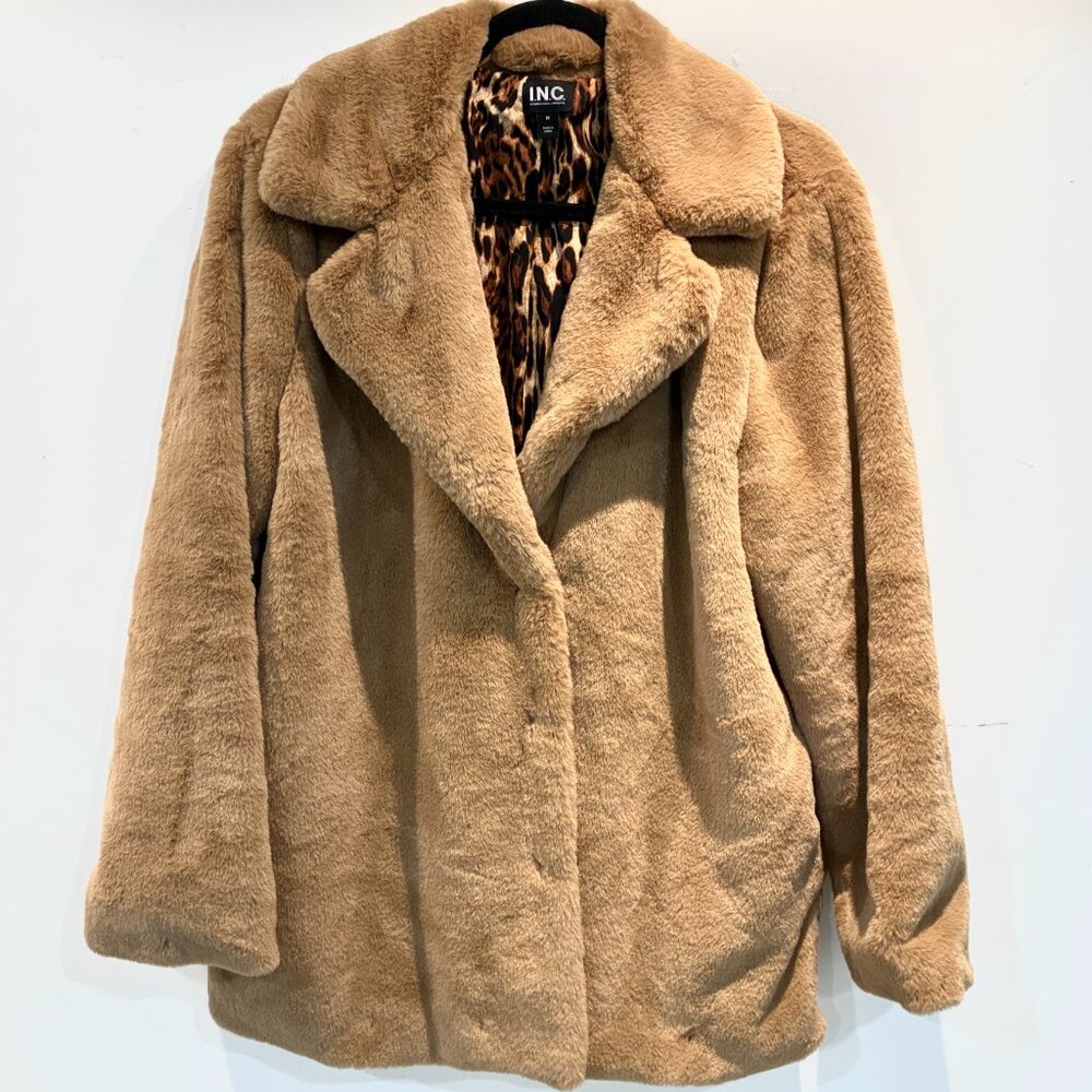 INC International Concepts Tan Faux Fur Coat - Like New
